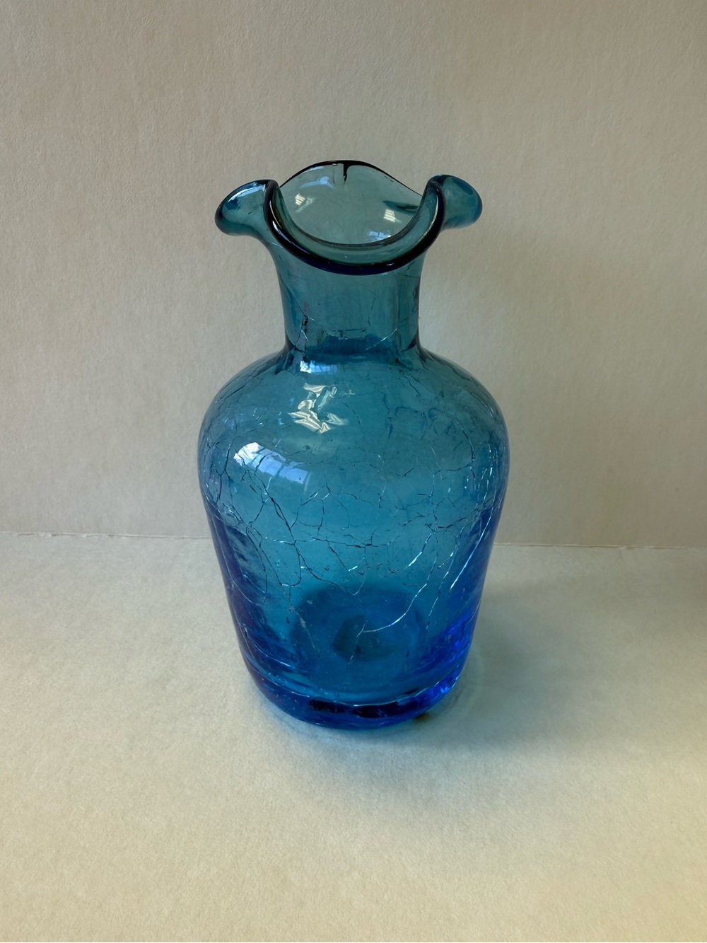 Vintage Blue Crackle Glass Bud Vase Ruffle Rim.